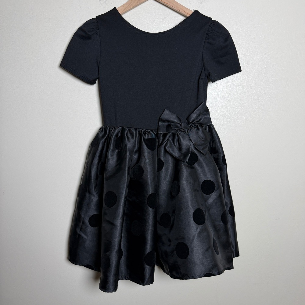 H&M Girls Dress 8/10 Black Polka Dot Bow Short Sleeve Fit & Flare Holiday Party